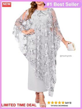 Plus Size Sequin Floral Evening Gown Formal Maxi Dress with Cape